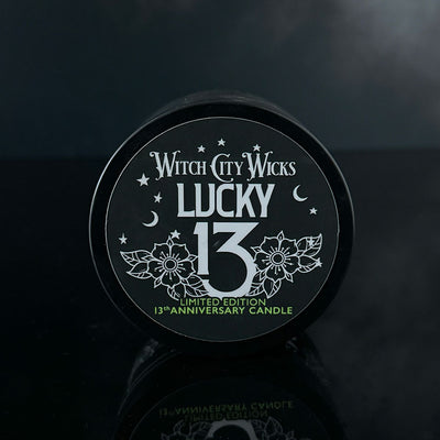 Lucky 13 Witch City Wicks anniversary candle